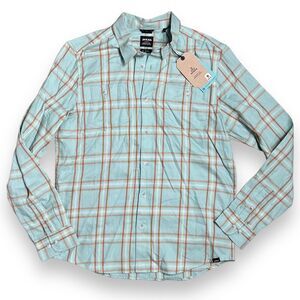 prAna Shirt Mens S SL Blue Creek Dolberg Flannel Plaid Organic Cotton Button Up
